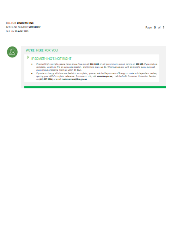 Al Ain Distribution Company utility business bill, page 5, SCR PSD template